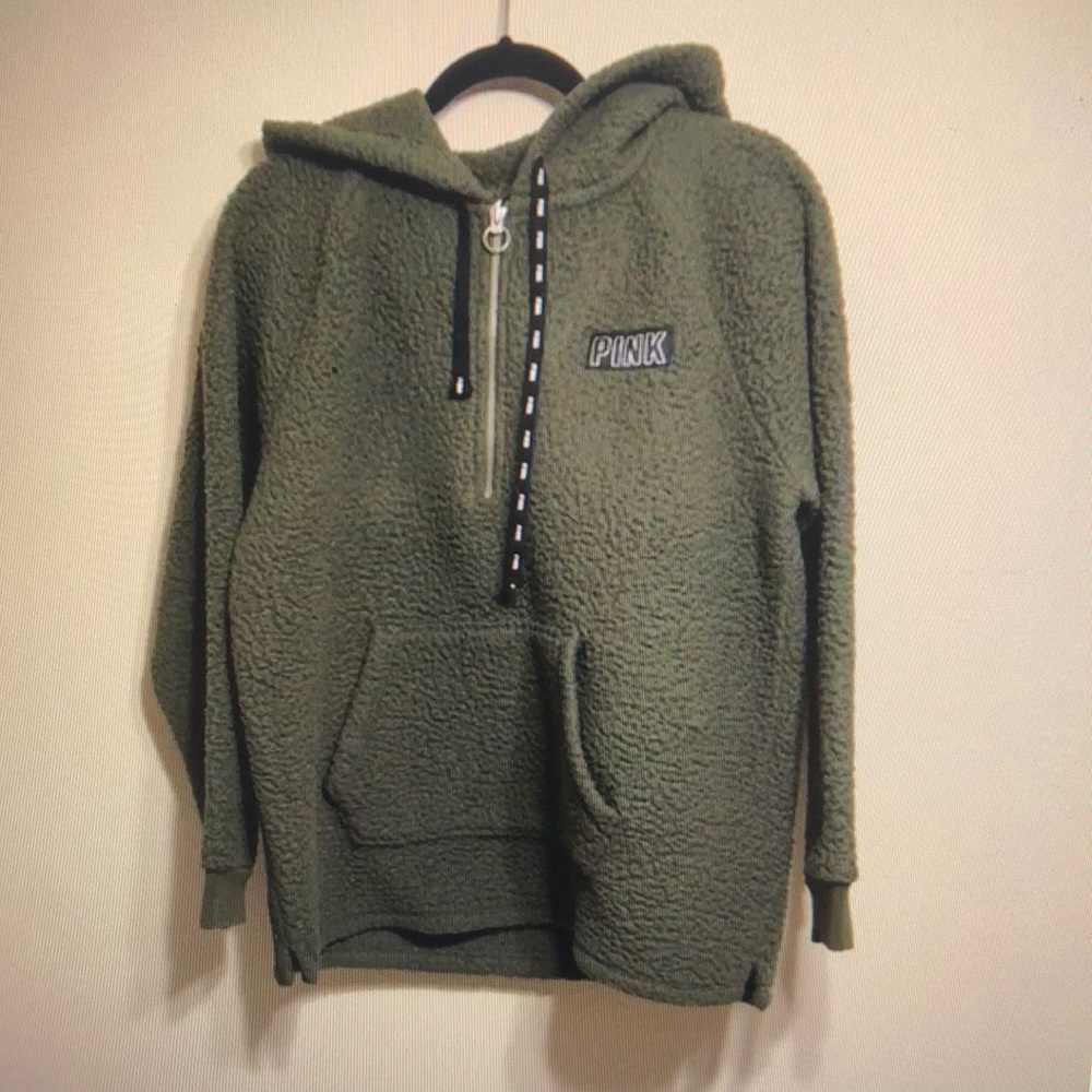 PINK Victoria's Secret Green Zip-Up Sherpa Sweater